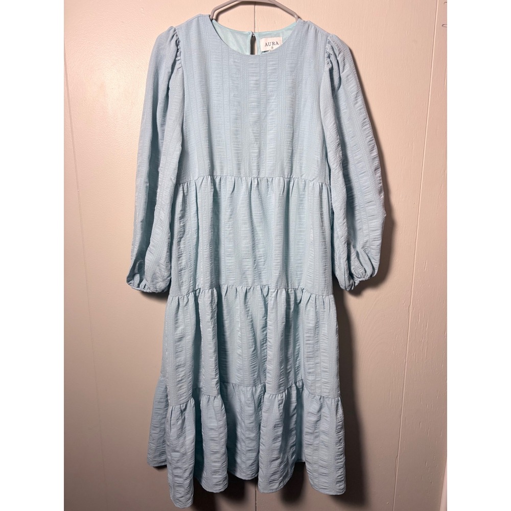 Aura Light Blue Tiered Dress Prairie Puff Sleeve Textured Babydoll S Fairytale